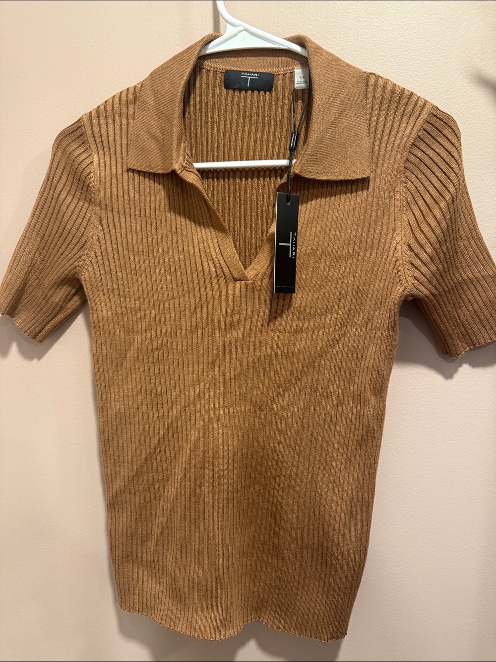 Tahari Camel Ribbed Polo Knit Top with Notch NWT